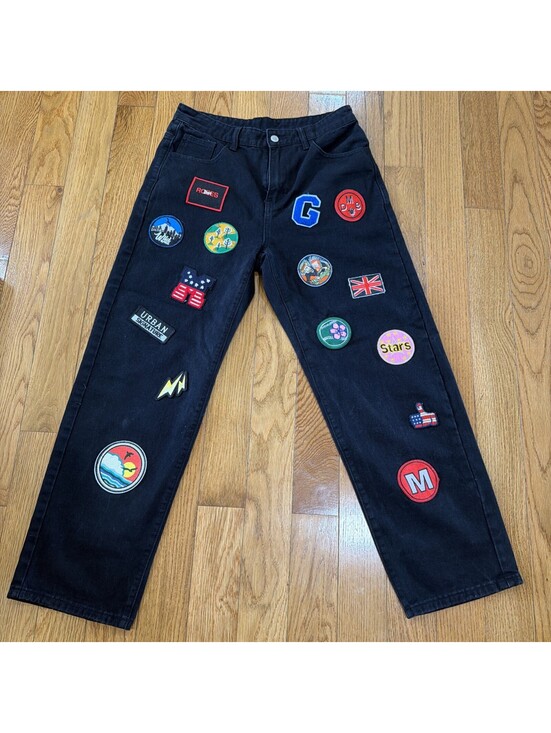 Denim - Size M Custom Patchwork Black Jeans Straight Leg Y2K Streetwear Festival Pants